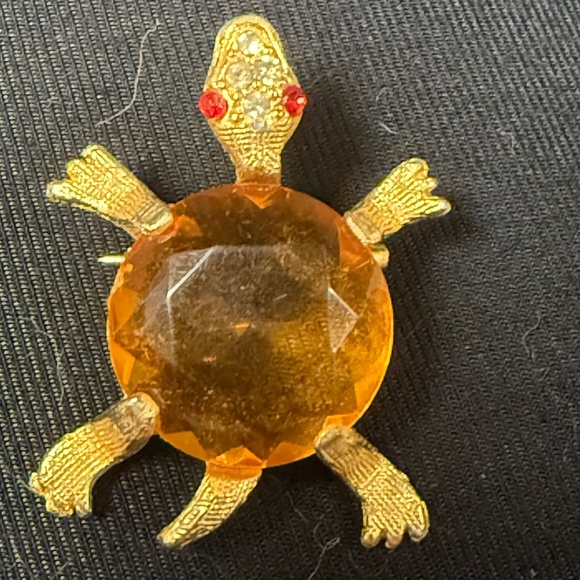Gold Tone Yellow Faceted Clear + Red Rhinestone Turtle Brooch - Picture 1 of 4